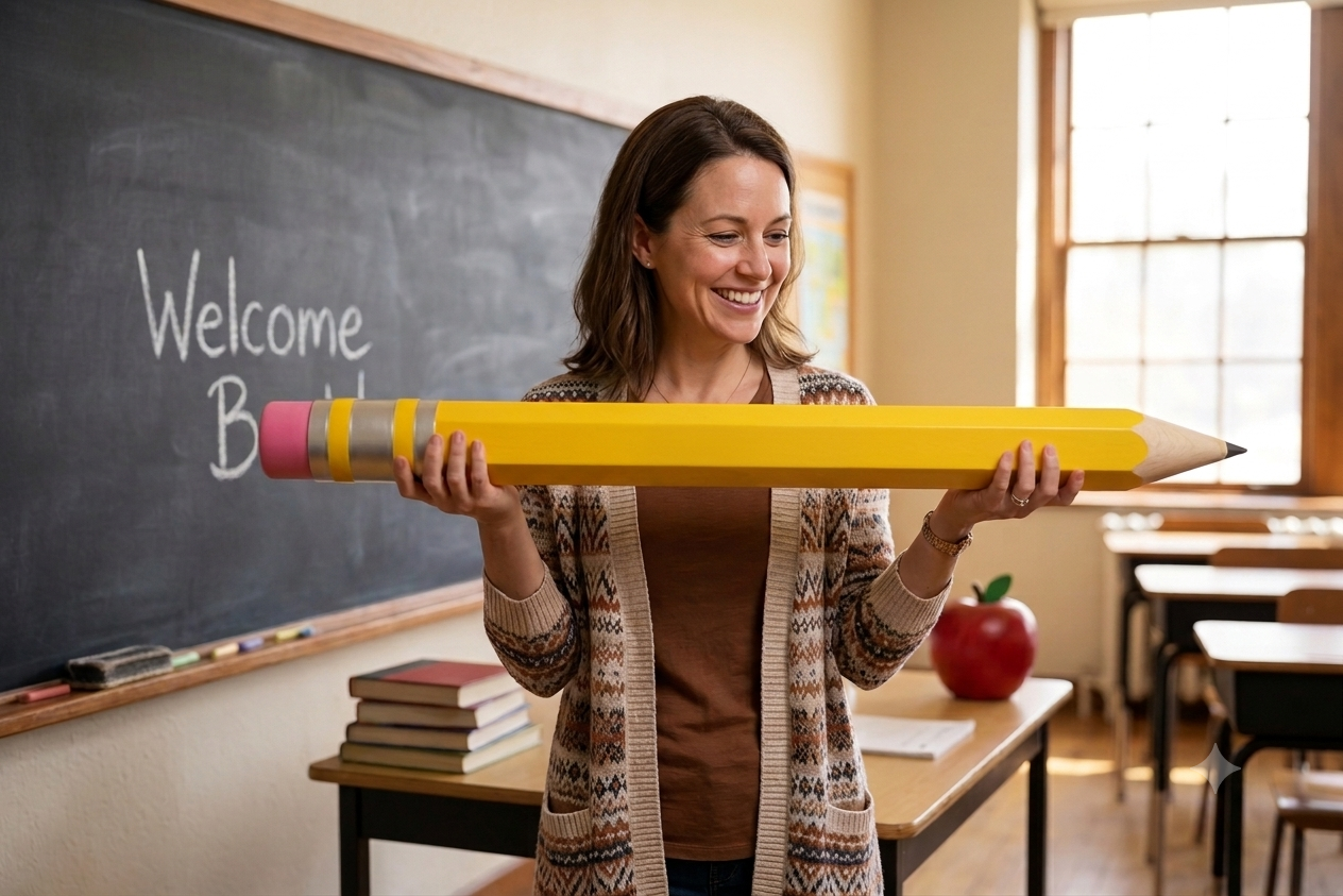 Teacher holding a personalized giant yellow wooden pencil in a classroom
