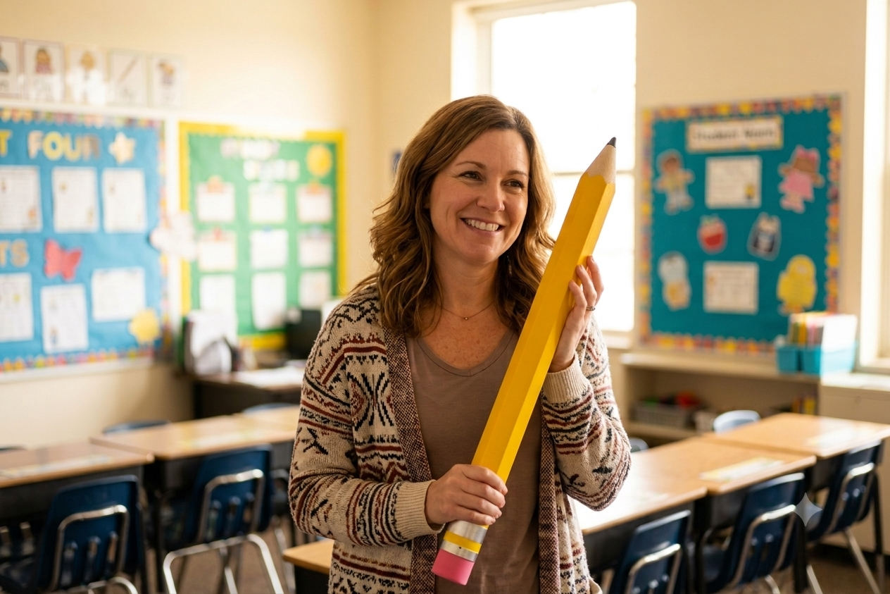 Smiling teacher holding a personalized giant yellow maple pencil